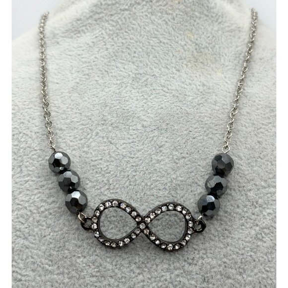 Vintage Jewelry - Vintage rhinestone infinity sign hematite semi precious bead necklace